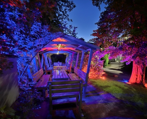 Biergarten unterm Ginkgobaum beleuchtet